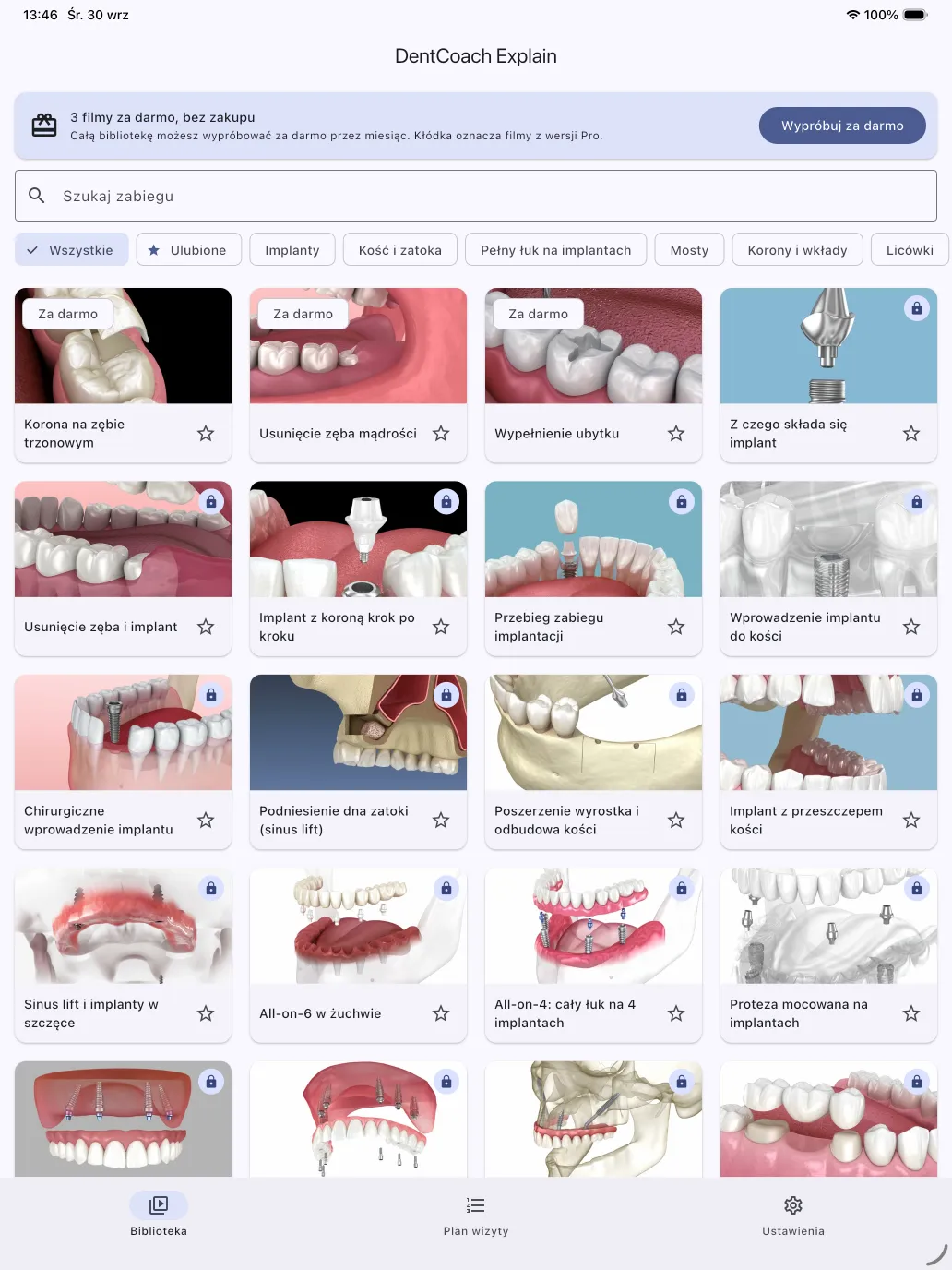 Biblioteka DentCoach Explain na iPadzie: kafelki animacji, kategorie i wyszukiwarka zabiegów